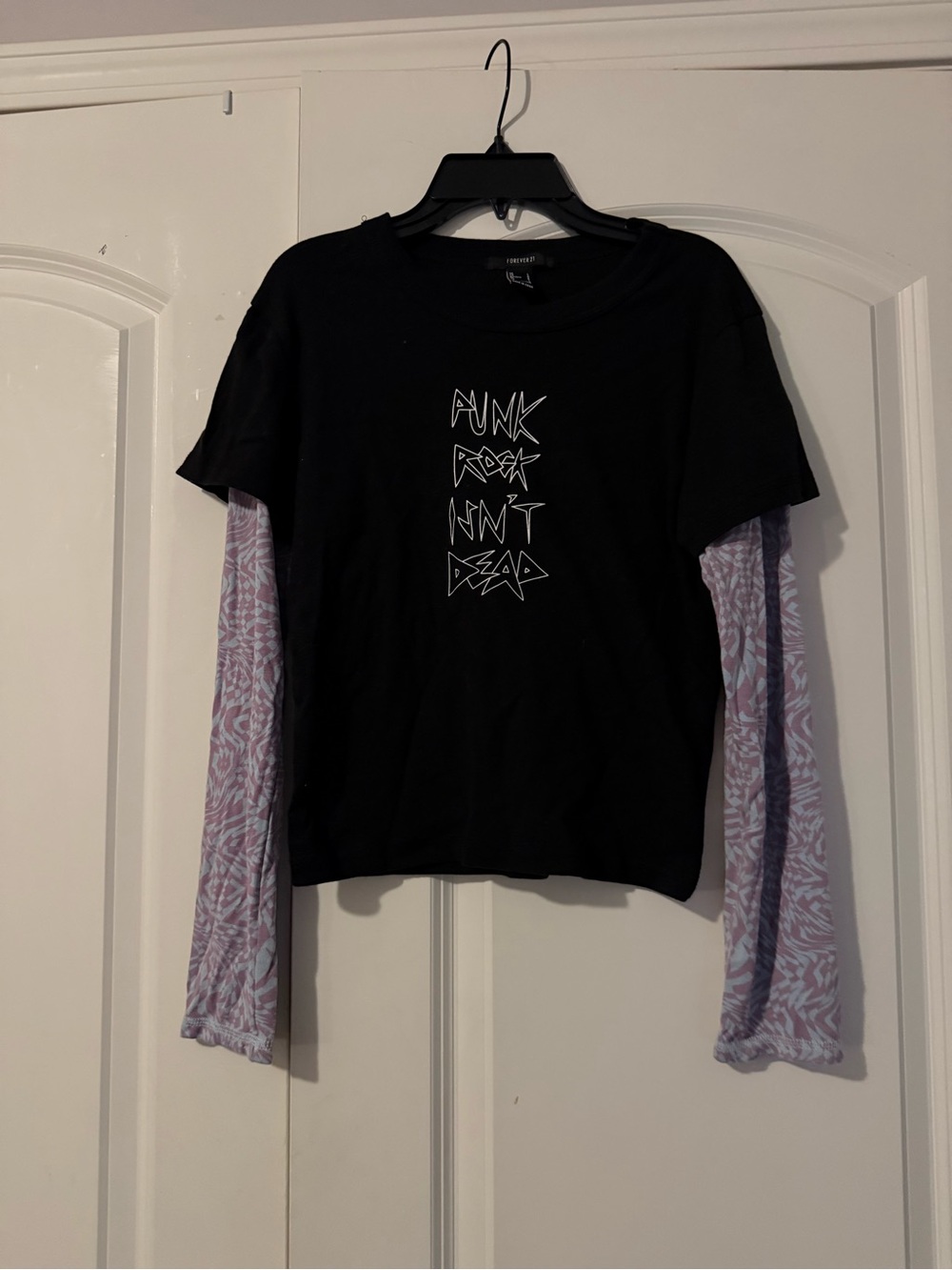 Forever 21 Black Graphic Layered-Look Tee with Lavender Sleeves